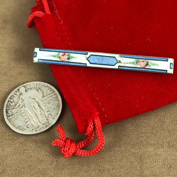 Pink Flowers Guilloche Enameled Sterling Bar Pin - Picture 3 of 6